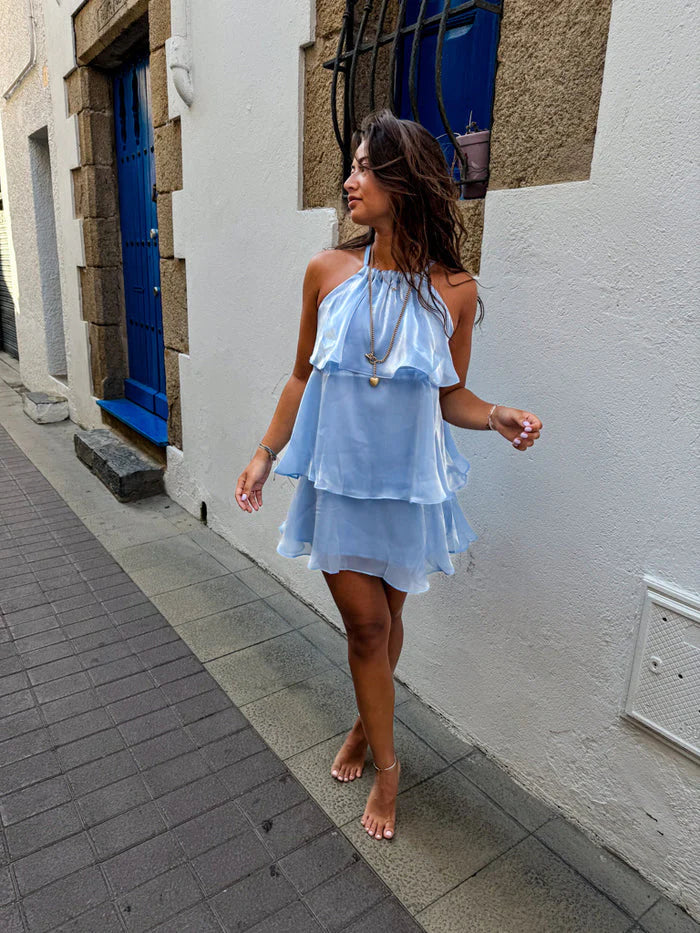 Weitese Dress Cute A Line Halter Tiered Blue Satin Short Open Back Homecoming Dress Outfits Party Dress